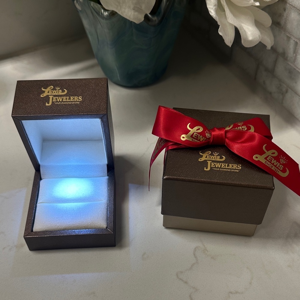 Lewis Jewelers Brown Gift Box with Red Ribbon